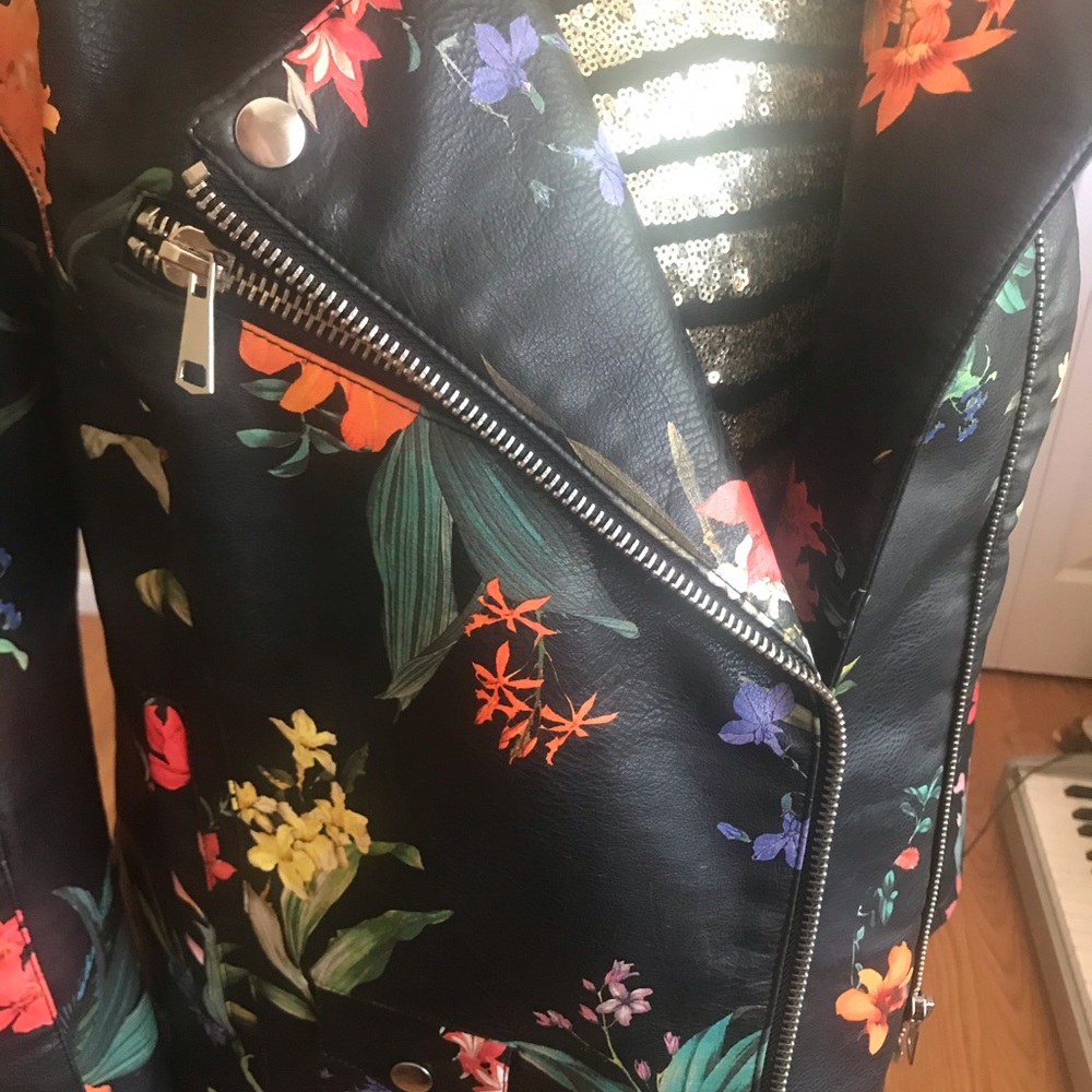 Beautiful flower faux leather moto jacket